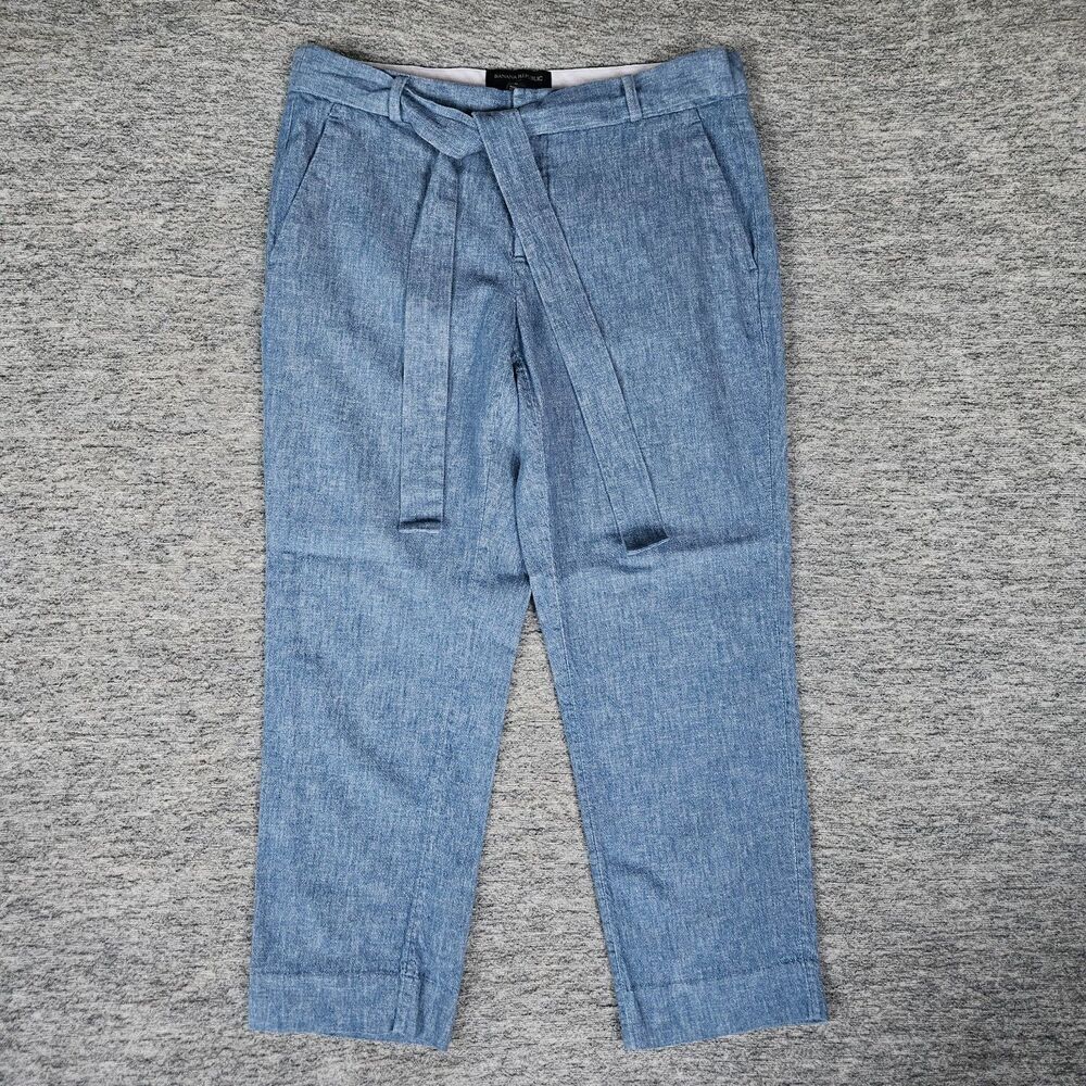 Banana Republic Sz 6 Petite Avery Pants Linen Blend Blue Chambray Belt Tie Waist